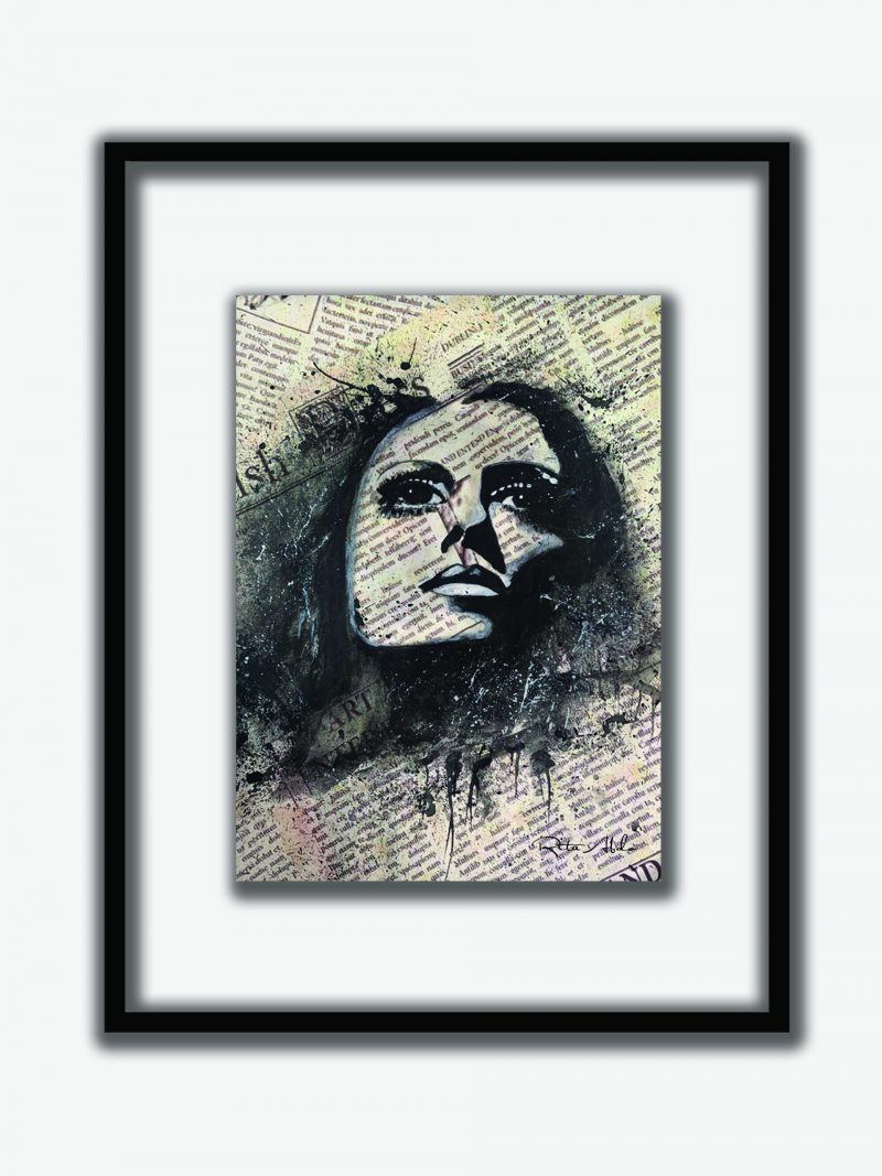 Hand-painted on a newspaper with watercolors, a black and white vintage pop art portrait of Fairuz with splashes of graphite.