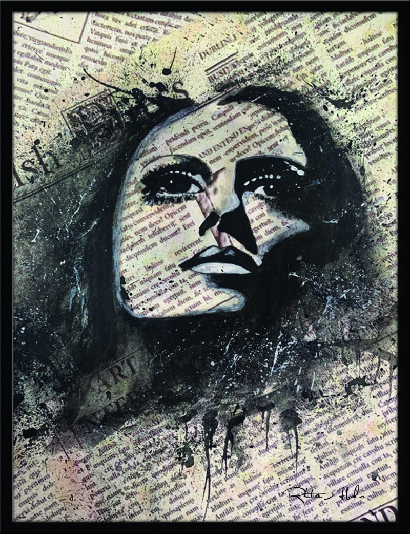 Hand-painted on a newspaper with watercolors, a black and white vintage pop art portrait of Fairuz with splashes of graphite.