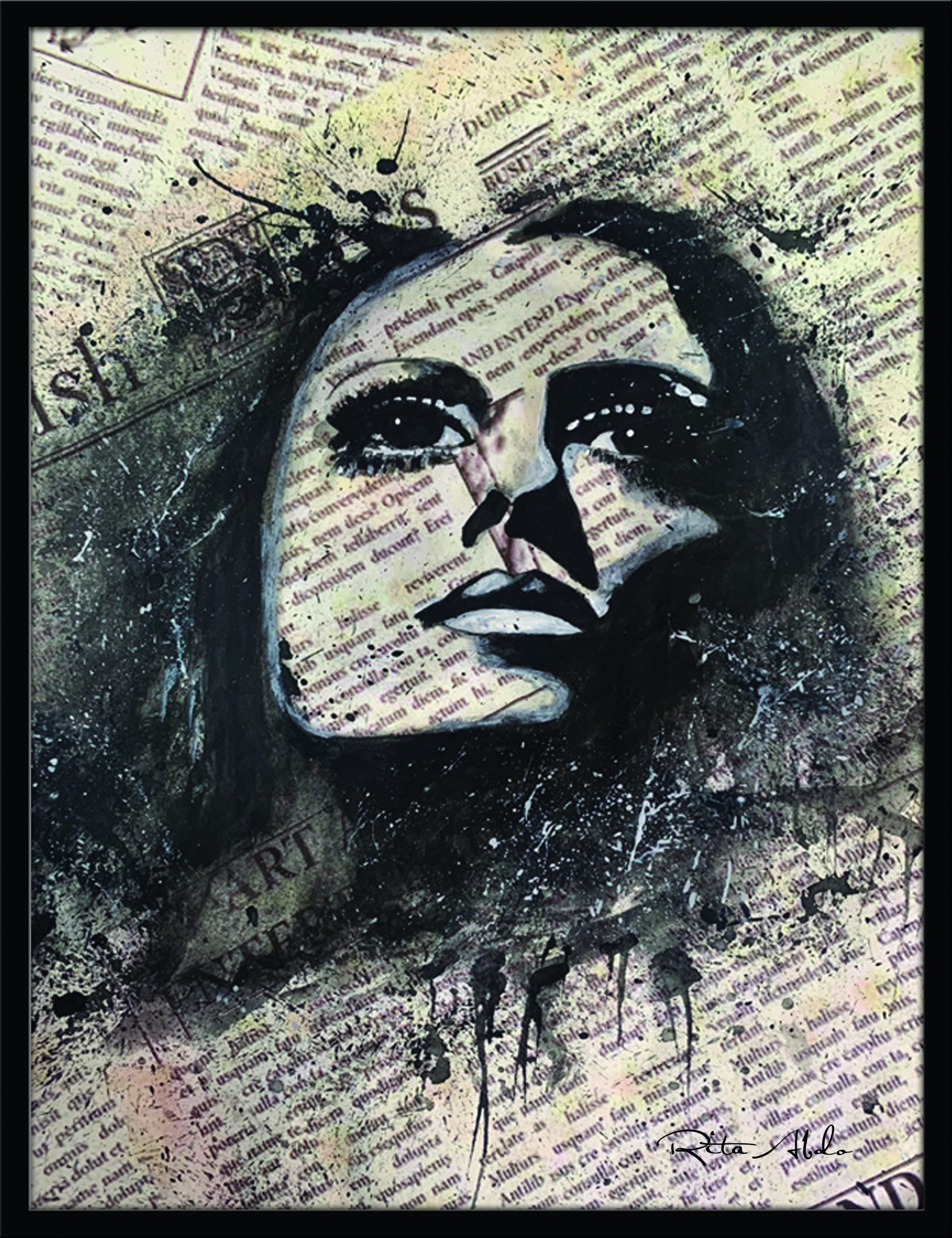 Hand-painted on a newspaper with watercolors, a black and white vintage pop art portrait of Fairuz with splashes of graphite.