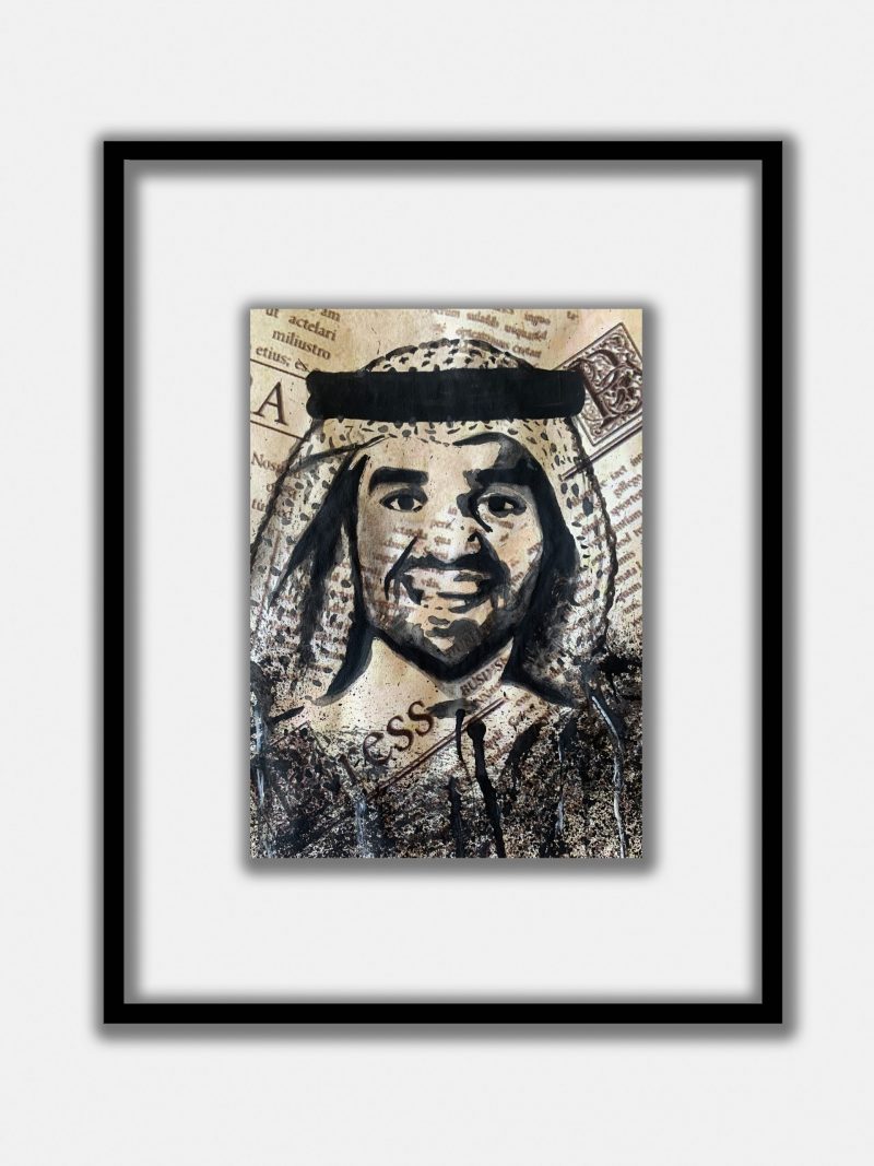 Hand-painted on a newspaper with watercolors, a black and white vintage pop art portrait of Hussain Al Jassmi with splashes of graphite.