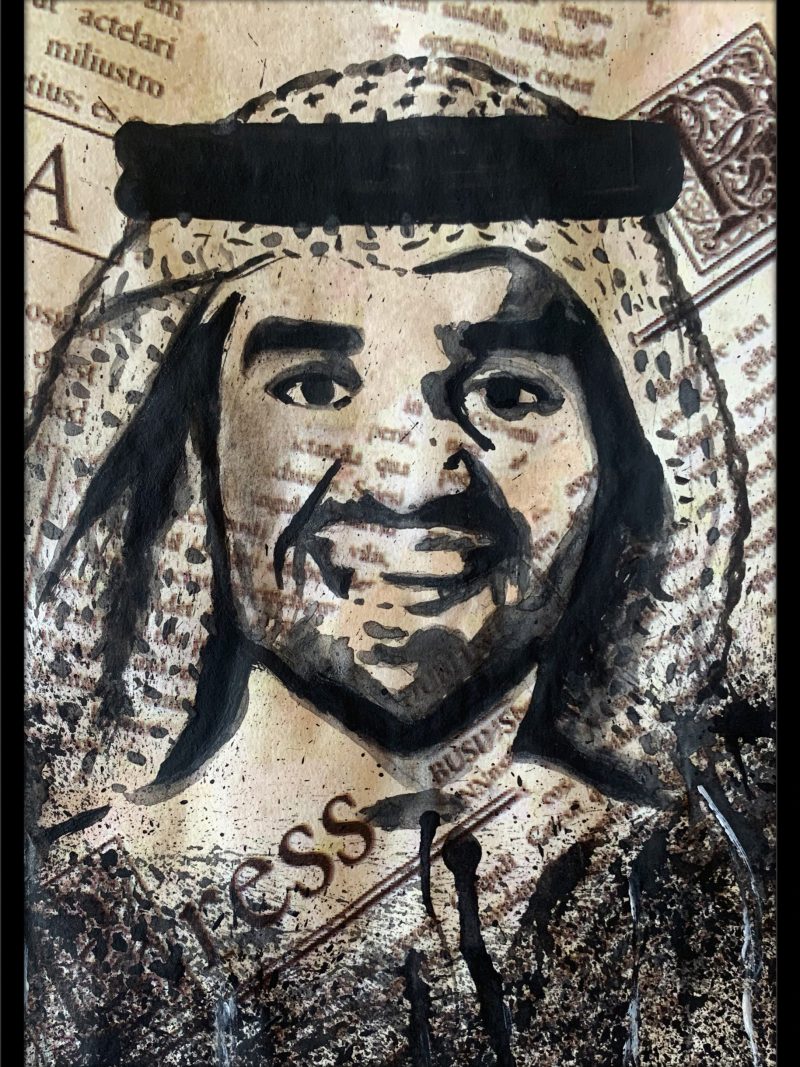 Hand-painted on a newspaper with watercolors, a black and white vintage pop art portrait of Hussain Al Jassmi with splashes of graphite.