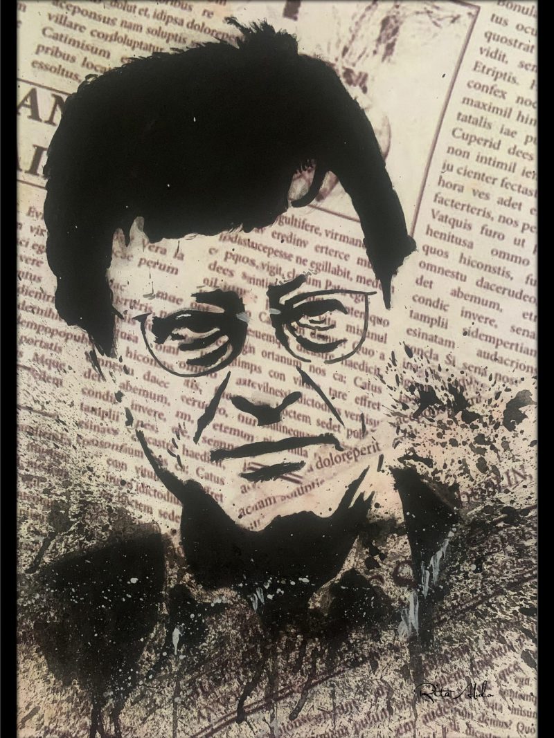 Hand-painted on a newspaper with watercolors, a black and white vintage pop art portrait of Mahmoud Darwish with splashes of graphite.