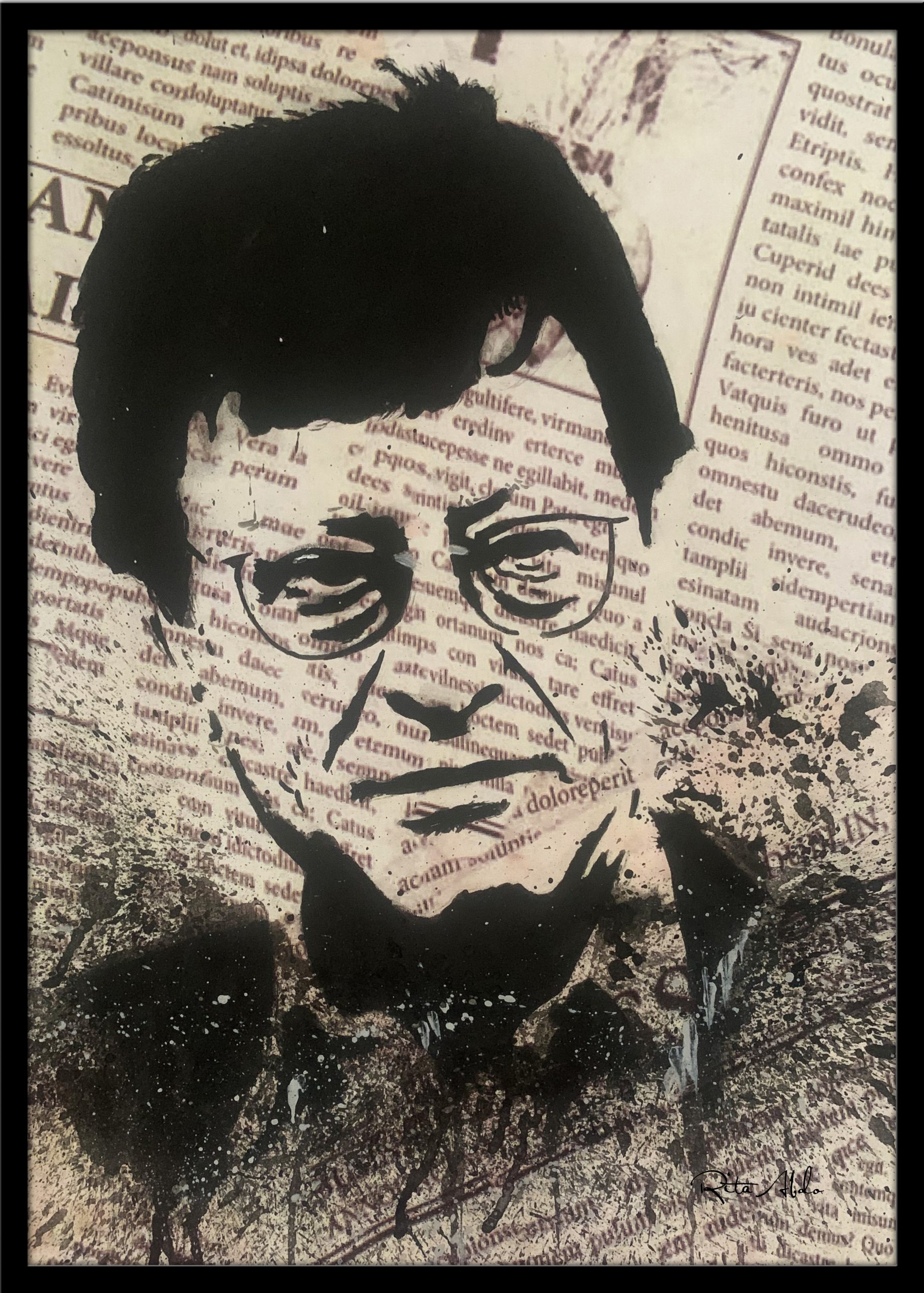 Hand-painted on a newspaper with watercolors, a black and white vintage pop art portrait of Mahmoud Darwish with splashes of graphite.