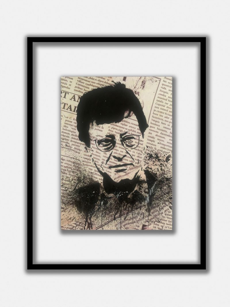 Hand-painted on a newspaper with watercolors, a black and white vintage pop art portrait of Mahmoud Darwish with splashes of graphite.