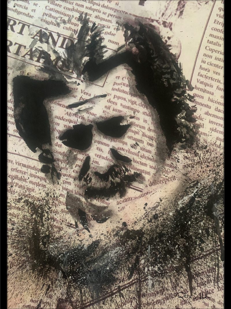 Hand-painted on a newspaper with watercolors, a black and white vintage pop art portrait of Marcel Khalife with splashes of graphite.