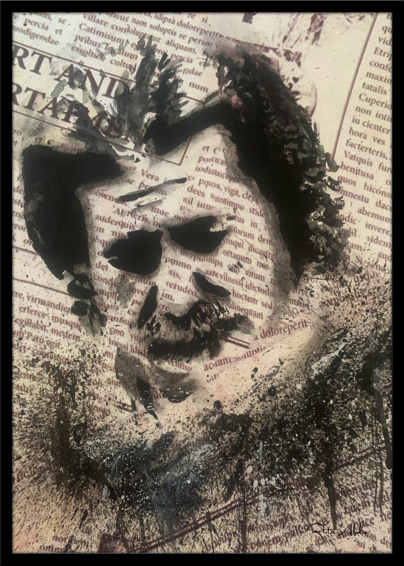 Hand-painted on a newspaper with watercolors, a black and white vintage pop art portrait of Marcel Khalife with splashes of graphite.