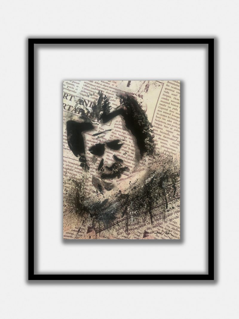 Hand-painted on a newspaper with watercolors, a black and white vintage pop art portrait of Marcel Khalife with splashes of graphite.