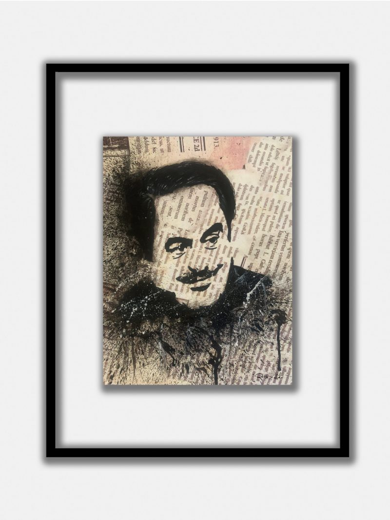 Hand-painted on a newspaper with watercolors, a black and white vintage pop art portrait of Melhem Barakat with splashes of graphite.