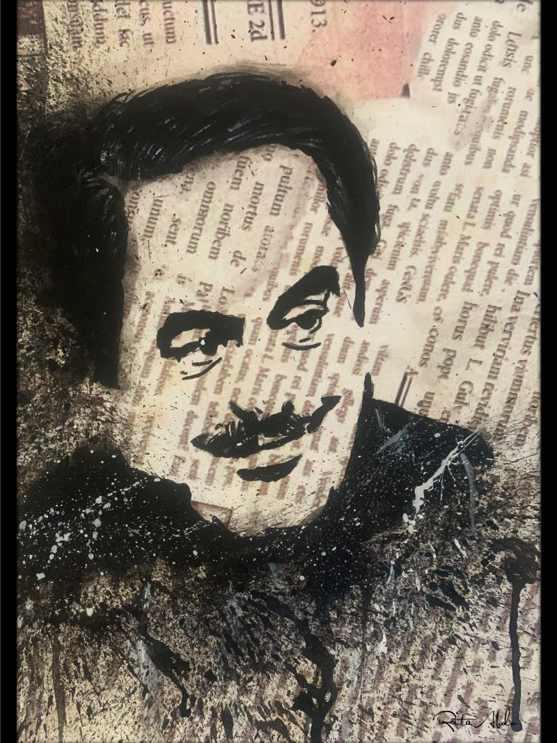 Hand-painted on a newspaper with watercolors, a black and white vintage pop art portrait of Melhem Barakat with splashes of graphite.