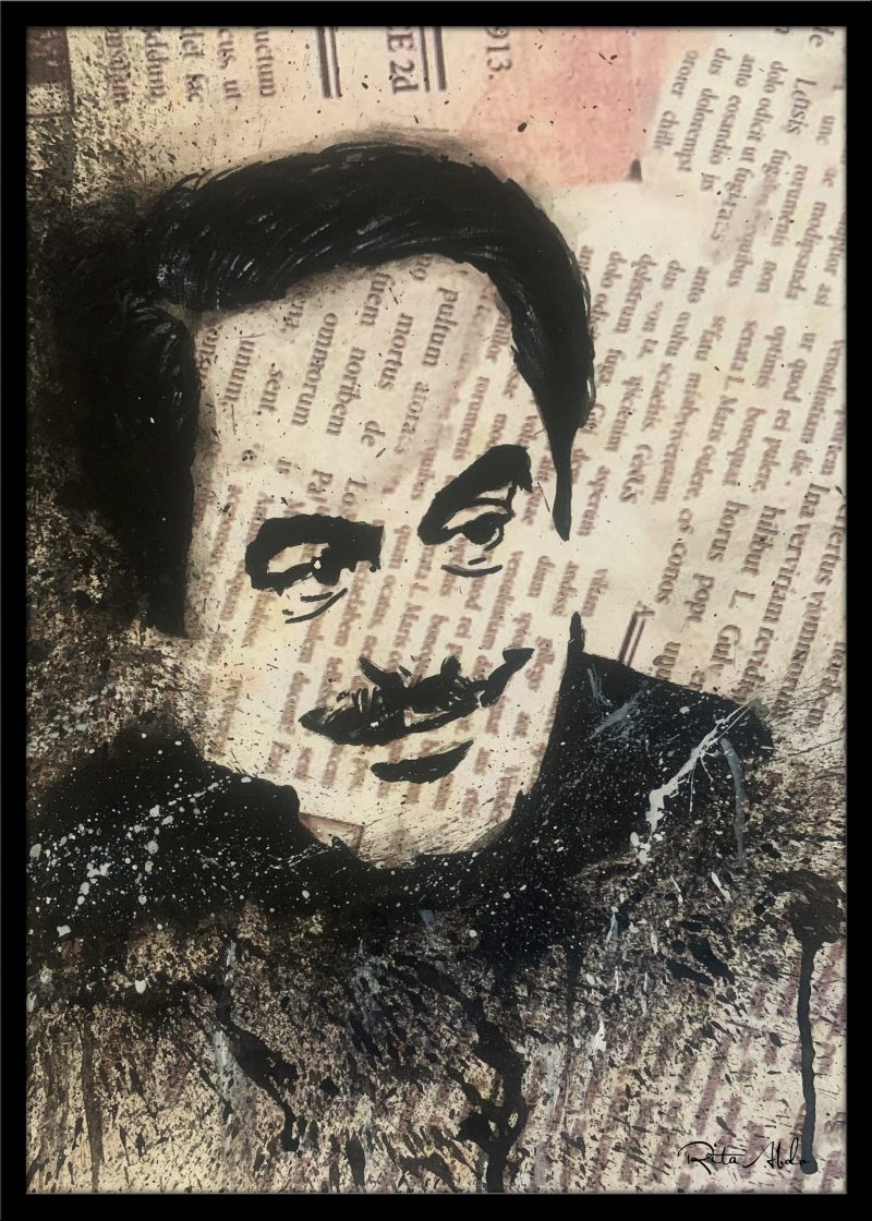 Hand-painted on a newspaper with watercolors, a black and white vintage pop art portrait of Melhem Barakat with splashes of graphite.