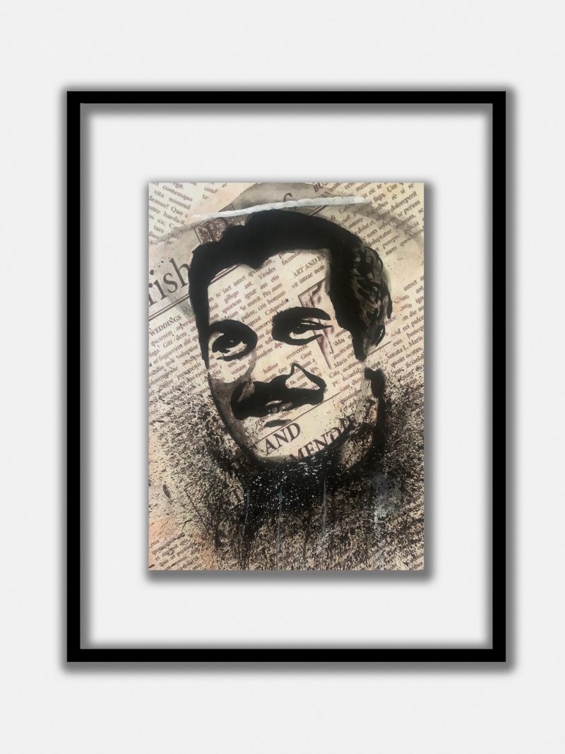 Hand-painted on a newspaper with watercolors, a black and white vintage pop art portrait of Omar Sharif with splashes of graphite.