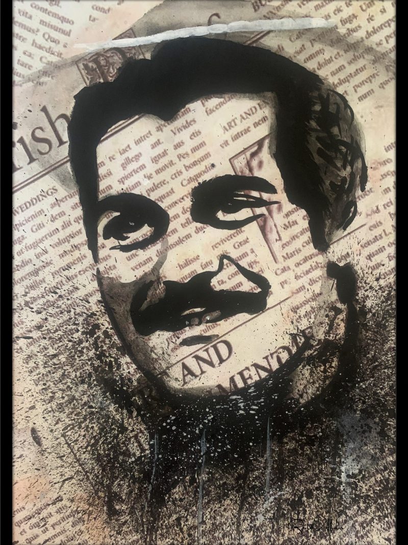 Hand-painted on a newspaper with watercolors, a black and white vintage pop art portrait of Omar Sharif with splashes of graphite.