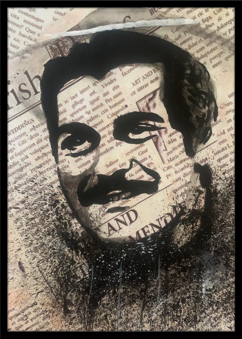 Hand-painted on a newspaper with watercolors, a black and white vintage pop art portrait of Omar Sharif with splashes of graphite.