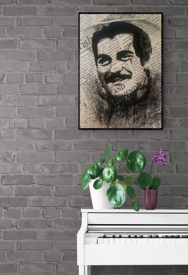 Hand-painted on a newspaper with watercolors, a black and white vintage pop art portrait of Omar Sharif with splashes of graphite.