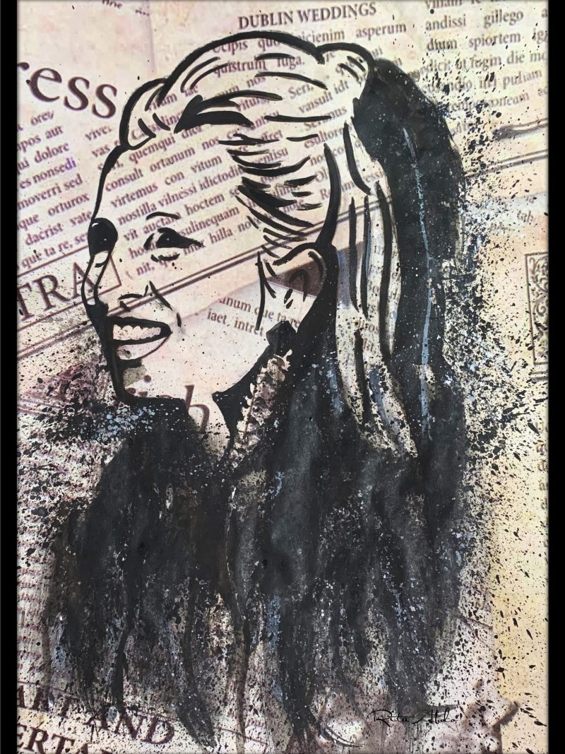 Hand-painted on a newspaper with watercolors, a black and white vintage pop art portrait of Sabah with splashes of graphite.