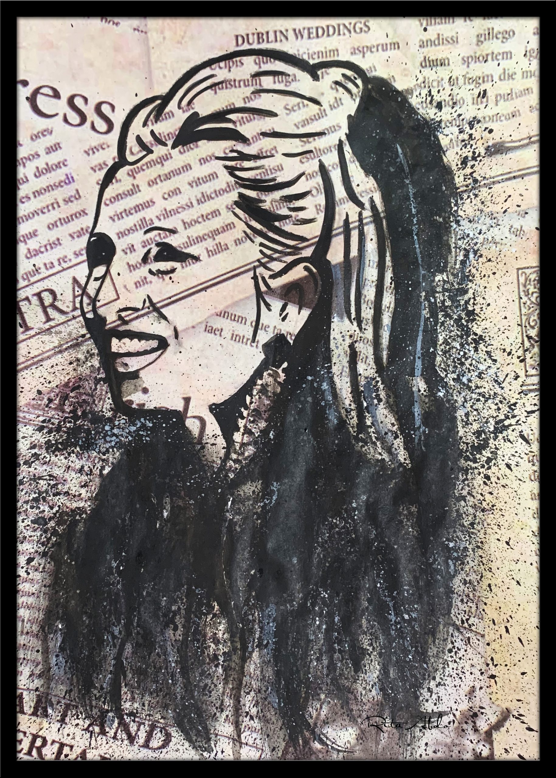 Hand-painted on a newspaper with watercolors, a black and white vintage pop art portrait of Sabah with splashes of graphite.