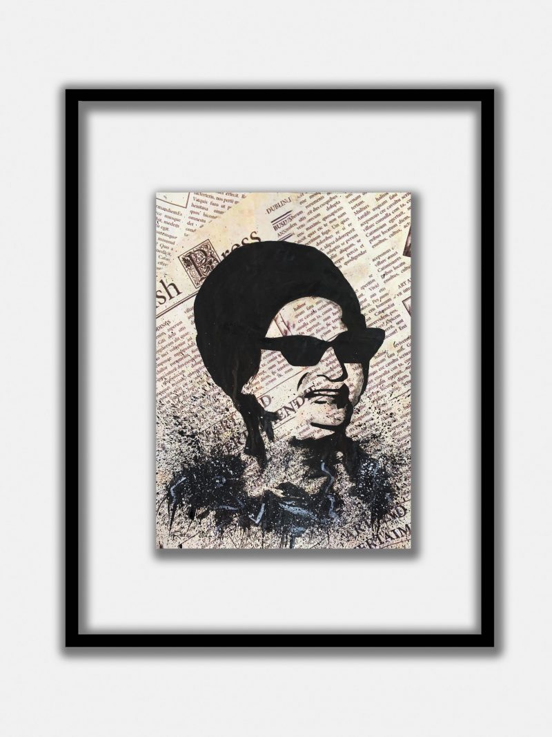 Hand-painted on a newspaper with watercolors, a black and white vintage pop art portrait of Umm Kulthum with splashes of graphite.