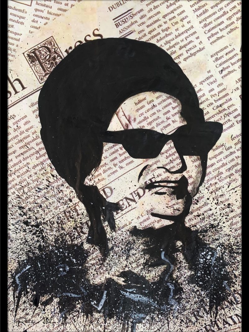 Hand-painted on a newspaper with watercolors, a black and white vintage pop art portrait of Umm Kulthum with splashes of graphite.