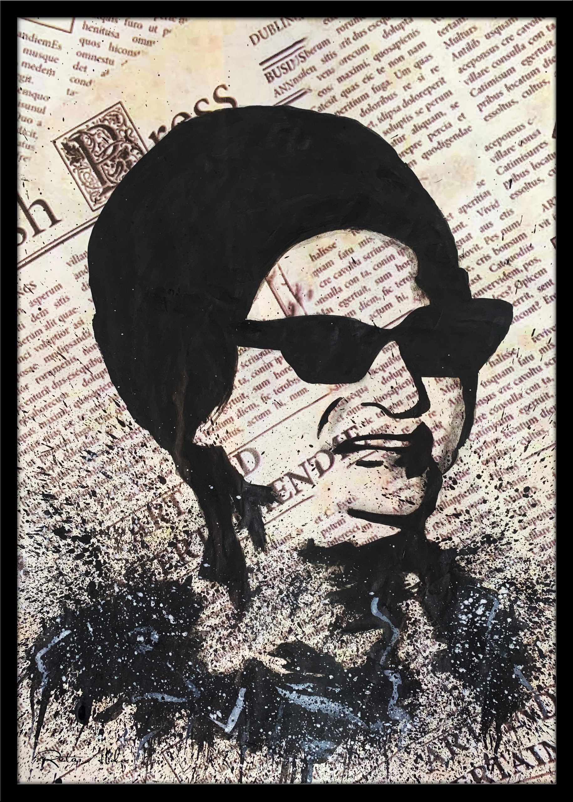 Hand-painted on a newspaper with watercolors, a black and white vintage pop art portrait of Umm Kulthum with splashes of graphite.