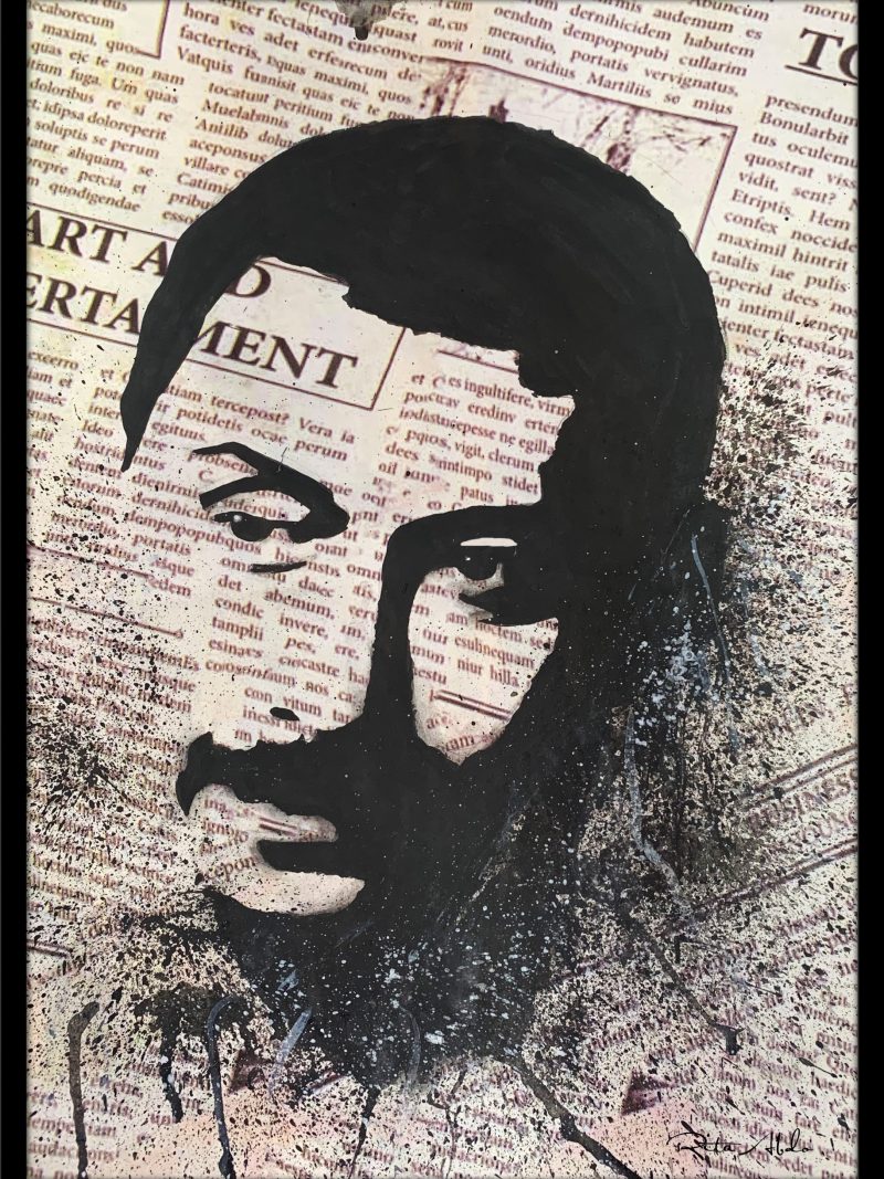 Hand-painted on a newspaper with watercolors, a black and white vintage pop art portrait of Ziad Rahbani with splashes of graphite.