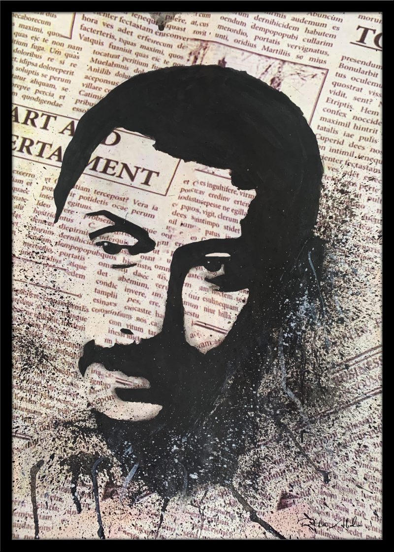 Hand-painted on a newspaper with watercolors, a black and white vintage pop art portrait of Ziad Rahbani with splashes of graphite.