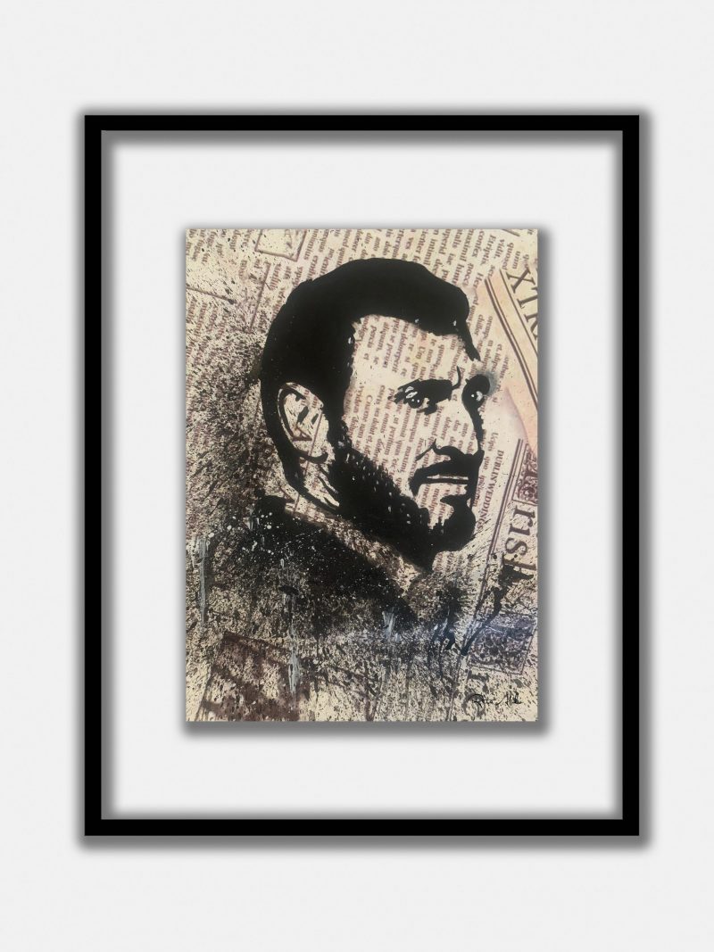 Hand-painted on a newspaper with watercolors, a black and white vintage pop art portrait of Kadim Al Sahir with splashes of graphite.