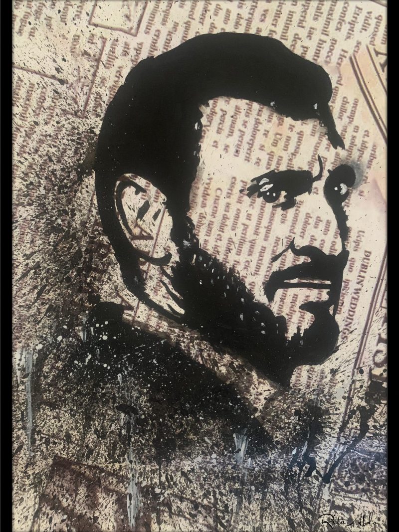 Hand-painted on a newspaper with watercolors, a black and white vintage pop art portrait of Kadim Al Sahir with splashes of graphite.