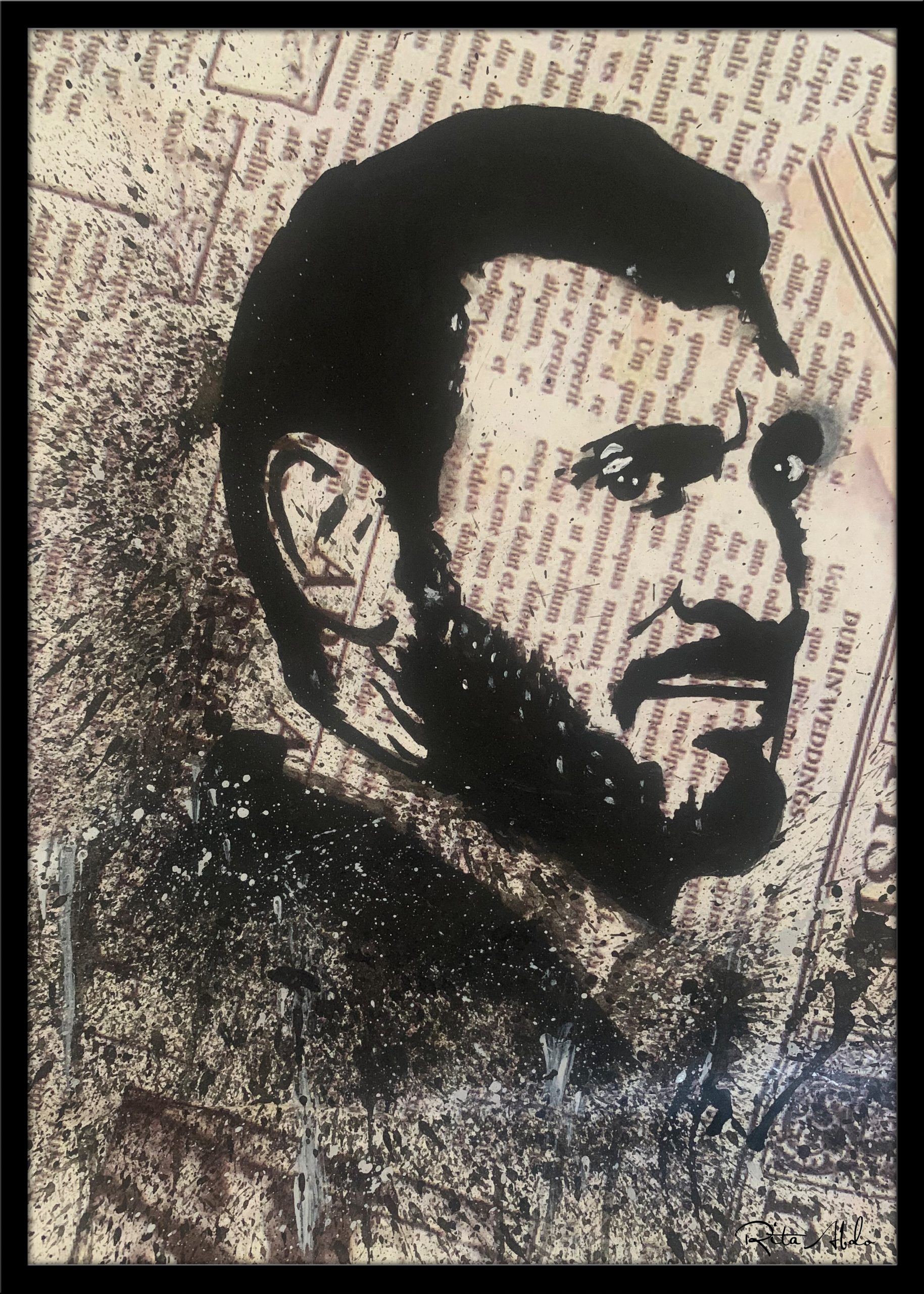 Hand-painted on a newspaper with watercolors, a black and white vintage pop art portrait of Kadim Al Sahir with splashes of graphite.