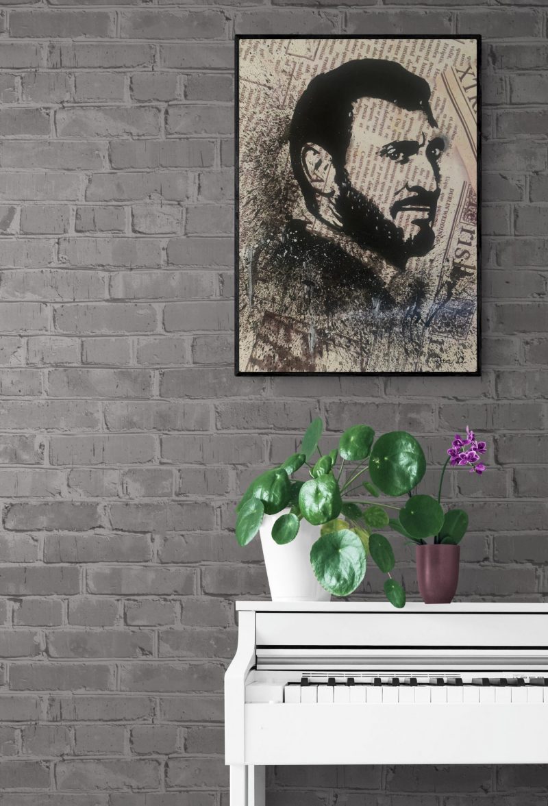 Hand-painted on a newspaper with watercolors, a black and white vintage pop art portrait of Kadim Al Sahir with splashes of graphite.