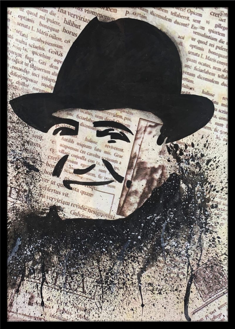 Hand-painted on a newspaper with watercolors, a black and white vintage pop art portrait of Wadih El Safi with splashes of graphite.