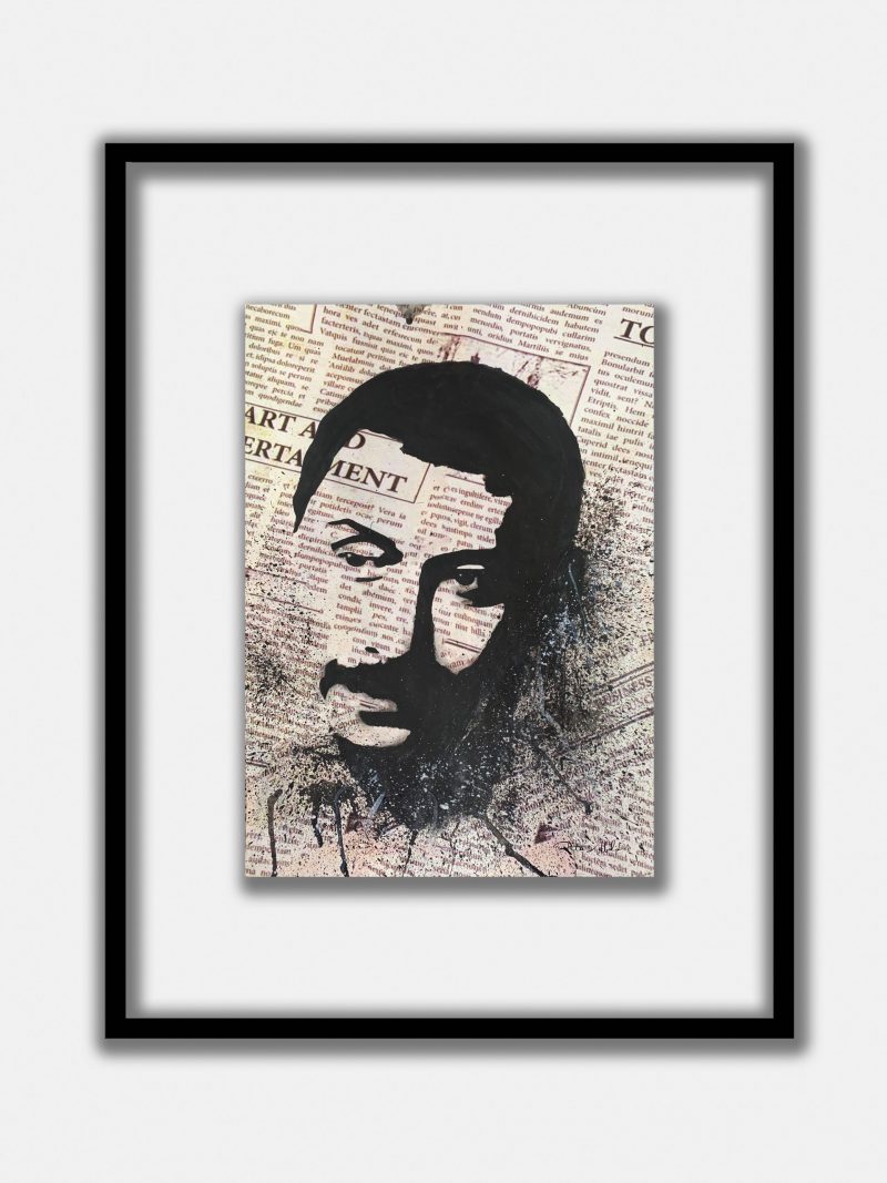 Hand-painted on a newspaper with watercolors, a black and white vintage pop art portrait of Ziad Rahbani with splashes of graphite.